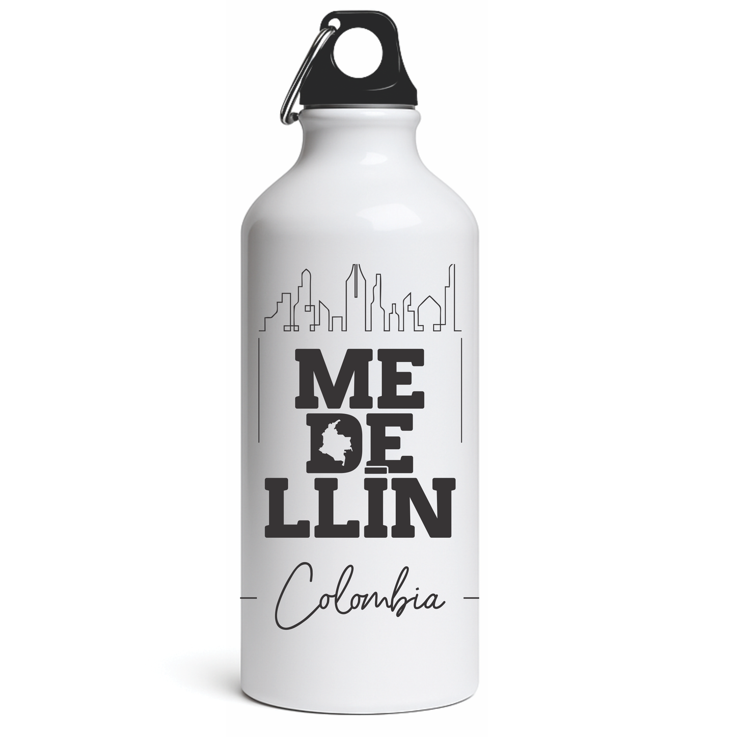 White aluminum water bottle with Colombia map and flag colors, travel souvenir from Medellín