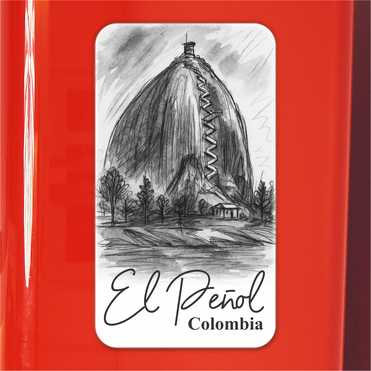 Souvenir magnet El Peñol rock Colombia, black and white sketch, Medellín travel gift