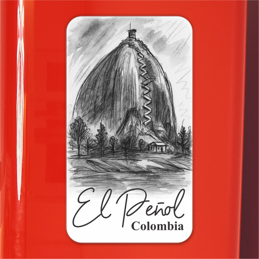 Souvenir magnet El Peñol rock Colombia, black and white sketch, Medellín travel gift