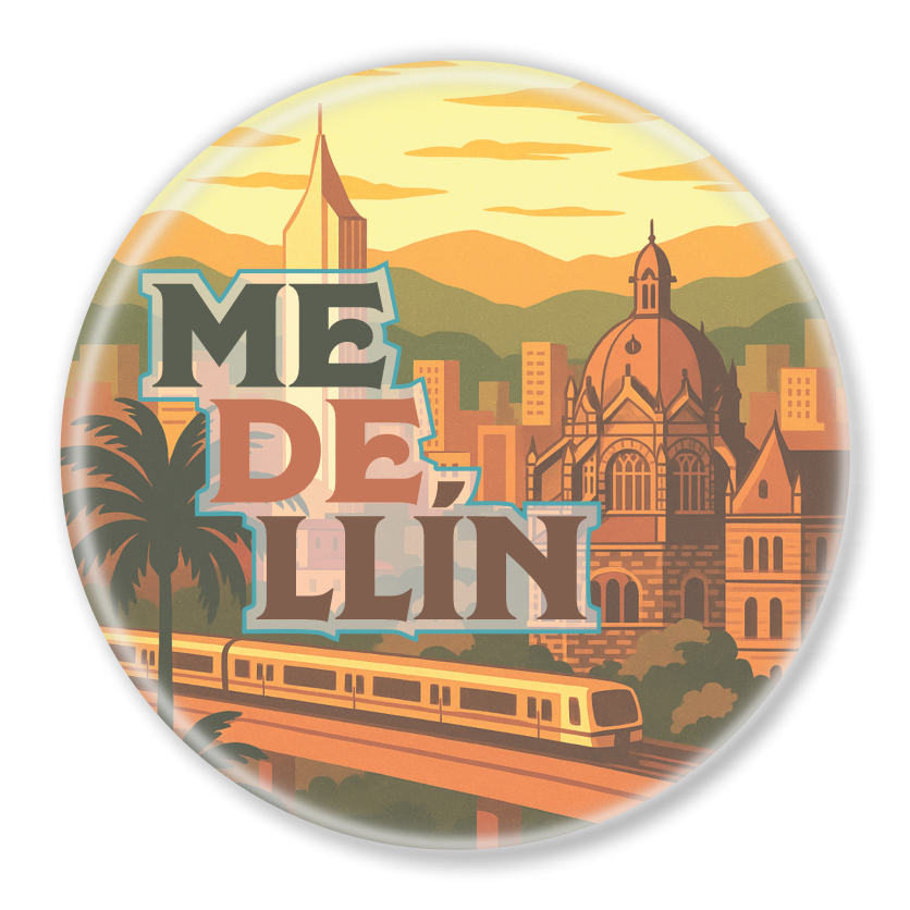 Circular magnet souvenir with Medellín skyline illustration, metro, and historical architecture – Colombia travel gift.