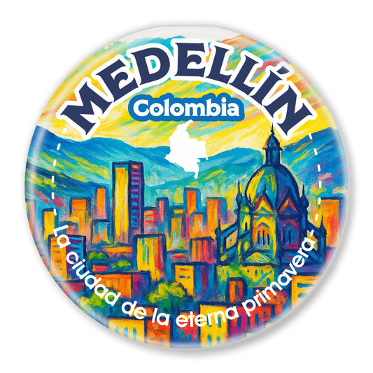 Round souvenir magnet with Medellín skyline, colorful city illustration, Colombia, eternal spring design