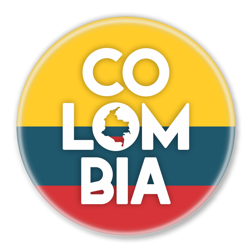 Round souvenir magnet with Colombia flag colors and map silhouette – Medellín gift