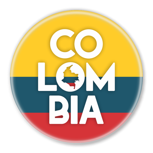Round souvenir magnet with Colombia flag colors and map silhouette – Medellín gift