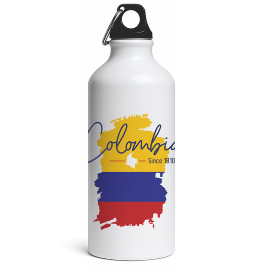White thermal bottle with Colombia map and flag design, souvenir water bottle ideal for travelers.