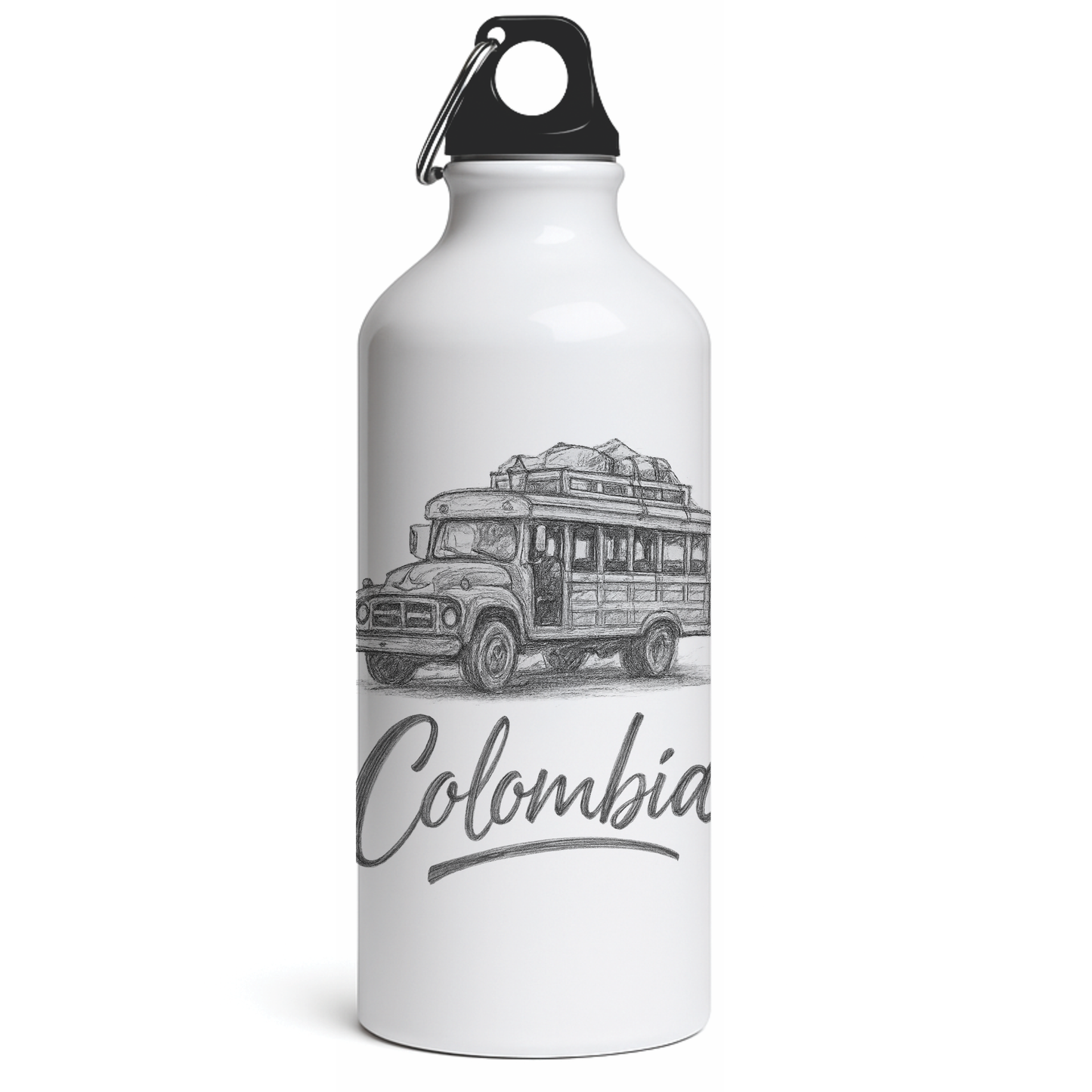 White thermos bottle with Colombian chiva bus sketch design souvenir