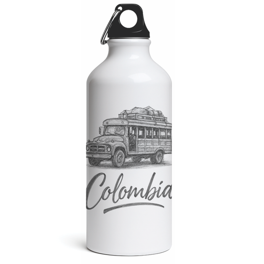 White thermos bottle with Colombian chiva bus sketch design souvenir