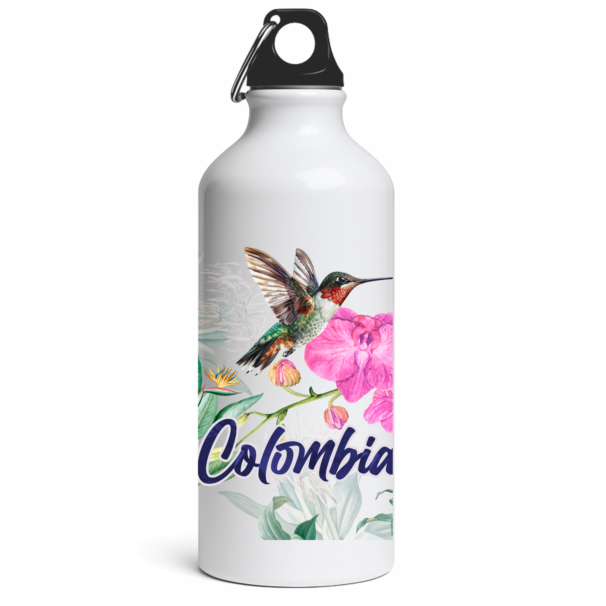 White thermos bottle with Colombia map and national flag colors – souvenir from Medellín, Colombia.