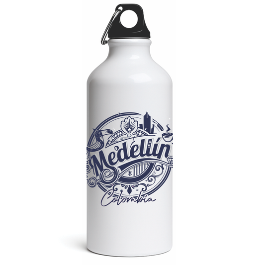 White thermos bottle with Medellín Colombia sketch design souvenir