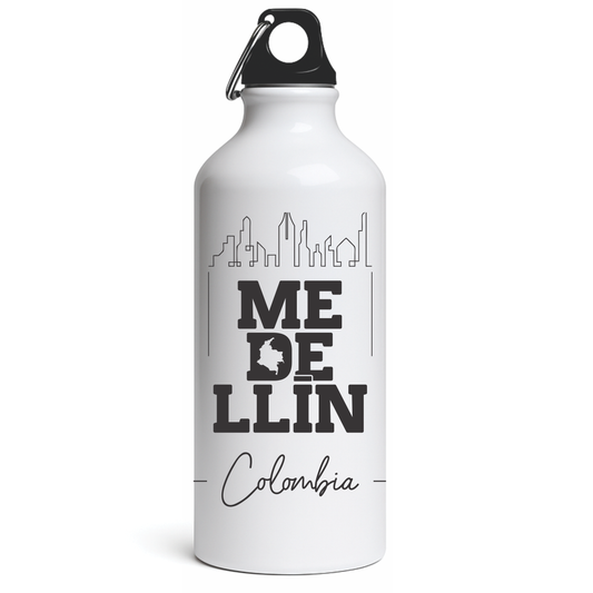 White aluminum water bottle with Colombia map and flag colors, travel souvenir from Medellín