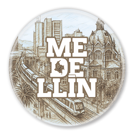 Round souvenir magnet of Medellín Colombia with historic city sketch and metro design