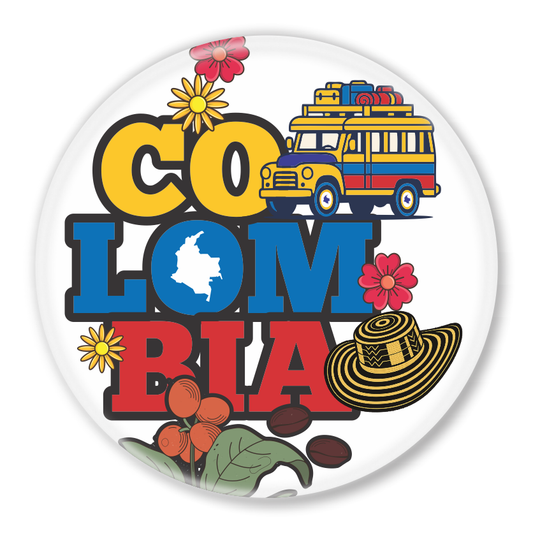 Colombian souvenir magnet with national flag colors and map silhouette — decorative fridge magnet from Colombia.