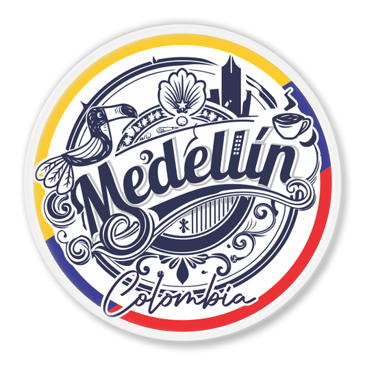 Circular Medellín magnet souvenir with Colombian flag colors